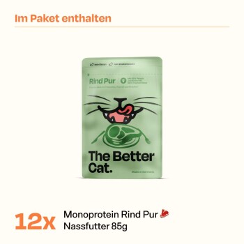 Grüne Verpackung des Nassfutters "The Better Cat" mit einer verspielten Katzengrafik, beschriftet mit "Rind Pur," mit 12x 85g Portionen.
