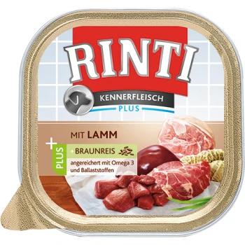 Rinti Kennerfleisch Plus Haustierfutterverpackung mit Lamm und braunem Reis, angereichert mit Omega 3 und Ballaststoffen, mit einem roten und goldenen Design.