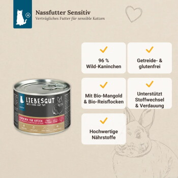 Liebesgut Nassfutter Sensitiv Katzenfutterdose (Kaninchen) mit Angaben: 96% Wild-Kaninchen, getreide- & glutenfrei, Bio-Mangold.