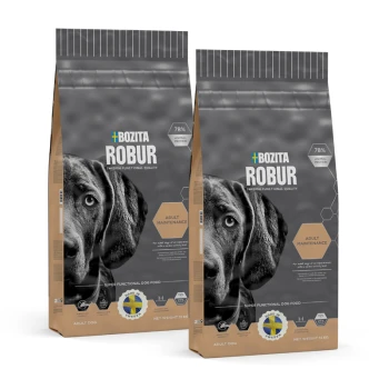 Zwei Säcke Bozita Robur Hundefutter, mit einer Nahaufnahme eines Hundegesichts, beschriftet mit "Adult Maintenance" und "78% Tierprotein", jeweils 13 kg.