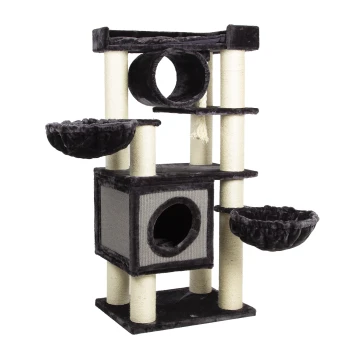 Ein plüschiger schwarzer Katzenbaum mit mehreren Ebenen, Kratzpfosten und gemütlichen Hängematten, entworfen für das Spielen und Ausruhen von Katzen.