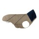 Beige Hundejacke mit einem marineblauen Fleecekragen, die eine enge Passform und elastische Öffnungen für Komfort bietet.