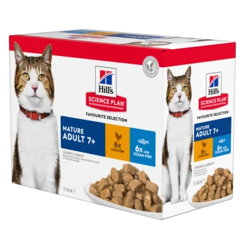 Hill's Science Plan Mature Adult 7+ Katzenfutterbox mit einer getigerten Katze, mit Geschmacksrichtungen: 6x Huhn und 6x Meeresfisch, Stücke in Soße.