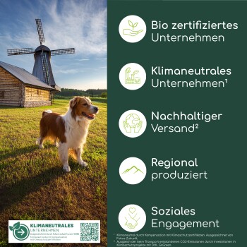 Flaschen mit Bio-Haustierölen, Gläser mit funktionellen Haustiersnacks und Bilder von Haustiergesundheit, funktionellen Pasten und Pflegeprodukten von Wolfsbacher Natur.