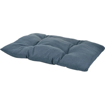 Blue tufted rectangular pet bed cushion with textured fabric and four padded sections, no visible text.
