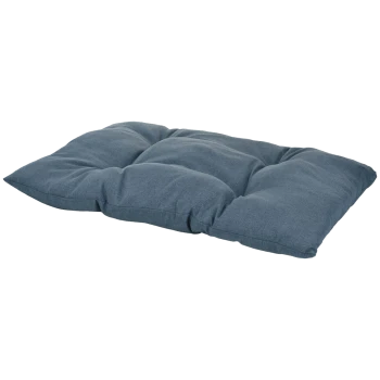 Blue tufted rectangular pet bed cushion with textured fabric and four padded sections, no visible text.