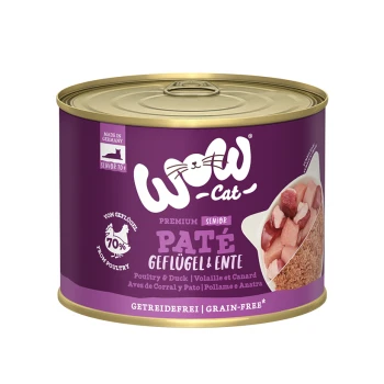 Blik WOW Cat Premium Senior Paté met gevogelte en eend, gelabeld als graanvrij, met een kleurrijk paars ontwerp.