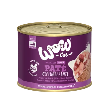 Dose WOW Cat Premium Senior Paté mit Geflügel und Ente, als getreidefrei gekennzeichnet, mit einem bunten lila Design.