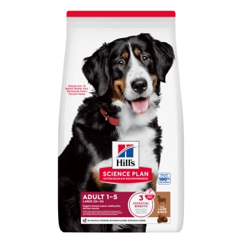Sack Hill's Science Plan Hundefutter (Adult 1–5 Large) mit lächelndem schwarz-weißem Hund, Aufschrift 'Lamb & Rice'.