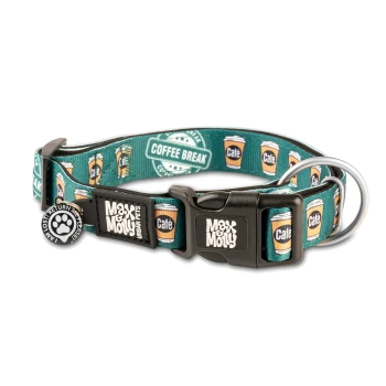 Türkisfarbenes Hundehalsband mit Kaffeetassen- und "Coffee Break"-Motiven, schwarze Schnalle mit "Max & Molly"-Beschriftung und runder Marke mit der Aufschrift "Ich bin verloren! Bitte bring mich zurück."