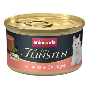 Eine Dose Animonda Katzenfutter mit der Aufschrift "vom Feinsten", die Mousse mit Lachs und Geflügel zeigt, mit einem Bild einer weißen Katze auf der Vorderseite.