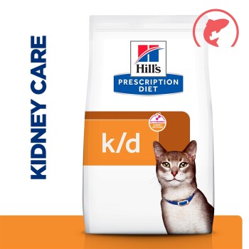 Sac de nourriture pour chats Hill's Prescription Diet k/d montrant un chat, étiquette « k/d », logo Prescription Diet et texte « Soin des reins »