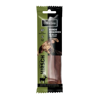 Verpackung von Hundeleckerlis mit einem verspielten braunen Hund, beschriftet 'Chewies Hunde Zigarren,' 'Wildschwein,' getreidefrei, 98% Muskelfleisch.