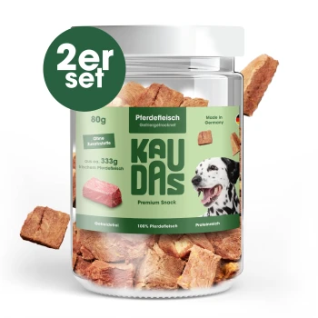 Hundeleckerlis in einem klaren Glas mit der Aufschrift "KAUDAS" und einem Dalmatinerbild, mit den Texten "Pferd", "Training & Belohnung" und "100% Fleisch."