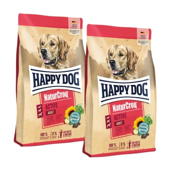 Zwei Säcke Happy Dog NaturCroq Active Adult Hundefutter mit einem Bild eines Golden Retrievers und einer Sonnenblumengrafik.
