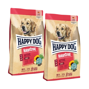 Zwei Säcke Happy Dog NaturCroq Active Adult Hundefutter mit einem Bild eines Golden Retrievers und einer Sonnenblumengrafik.