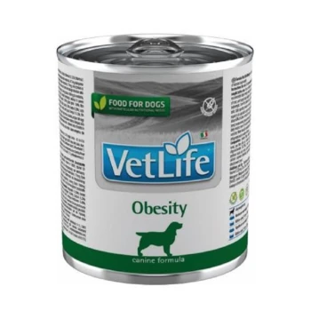 Dosen-Hundefutter mit der Aufschrift "VetLife Obesity" in grün-weißer Gestaltung, mit einer Silhouette eines Hundes und dem Text "Food for Dogs."