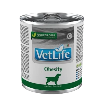 Dosen-Hundefutter mit der Aufschrift "VetLife Obesity" in grün-weißer Gestaltung, mit einer Silhouette eines Hundes und dem Text "Food for Dogs."