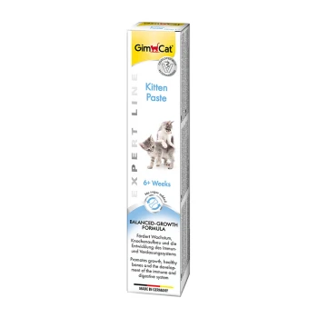 Kitten Paste 50 g GimCat Kitten Paste Verpackung mit zwei verspielten Kätzchen, beschriftet "Expert Line," für Kätzchen ab 6 Wochen, fördert Wachstum und Gesundheit.