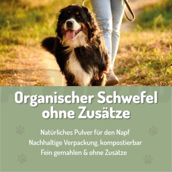 MSM Schwefelpulver für Hunde und Katzen, mit einem hohen Schwefelgehalt (34%), fördert die Mobilität. Der Text hebt Reinheit und Kompostierbarkeit hervor.