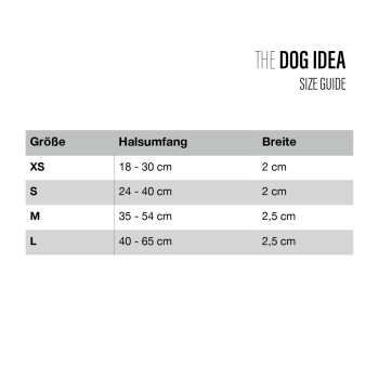 Größentabelle für Hundehalsbänder, die Größen XS bis L mit Halsumfang und Breitenmessungen in Zentimetern auflistet.