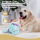 Golden Retriever mit blauem Plüschspielzeug auf dem Bett; Text: 'ENTWICKELT, UM HAUSTIERE ZU BERUHIGEN'; Symbole: 'KOMFORTABEL', 'BEGLEITUNG'.