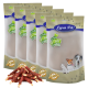 Vier Beutel von Lyra Pet natürlichen Hundeleckerlis, mit einer Vielzahl von Haustieren auf der Verpackung, mit einem Haufen von Jerky-Streifen davor.