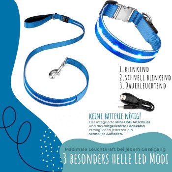 Eine blaue LED-Hundeleine mit einem USB-Ladekabel, mit drei Lichtmodi: Blinken, schnelles Blinken und konstant. Text hebt hervor, dass keine Batterien benötigt werden.