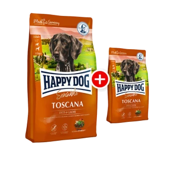 Happy Dog Sensible Toscana Hundefutterverpackung mit einem großen Sack (11 kg) und einem kleineren Sack, mit einem Hundebild und dem Text "Ente & Lachs".