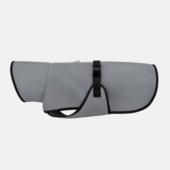 Grau Hundemantel mit schwarzem Rand und Schnallenverschluss, entworfen für Wärme und Schutz bei kaltem Wetter.