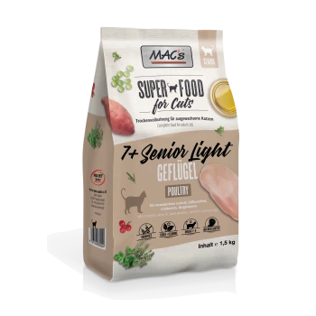 MAC's 1,5 kg "7+ Senior Light Geflügel" Katzenfutterbeutel mit Lachsöl, Süßkartoffeln und Cranberries.