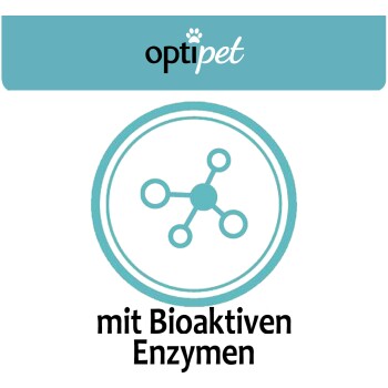 Logo von "optipet" mit einem türkisfarbenen Symbol einer molekularen Struktur, mit dem Text "mit Bioaktiven Enzymen" darunter.