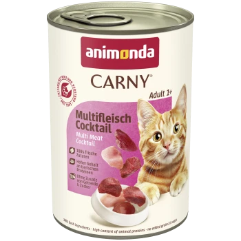 Dose Animonda CARNY Katzenfutter mit Aufschrift 'Multifleisch Cocktail / Multi Meat Cocktail', Adult 1+, orange-getigerte Katze und Fleischstücke.