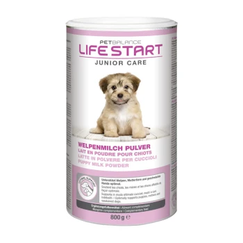 Life Start Welpenmilch Pulver 800g Dosenpulver für Welpenmilch mit der Aufschrift "PetBalance Life Start Junior Care", mit einem Welpenbild, 800 g Größe und mehrsprachigem Text.