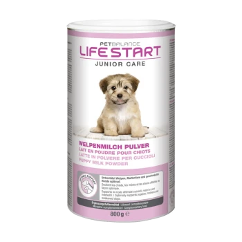 Dosenpulver für Welpenmilch mit der Aufschrift "PetBalance Life Start Junior Care", mit einem Welpenbild, 800 g Größe und mehrsprachigem Text.