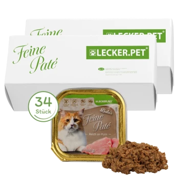 Katzenfutterverpackung mit "Balú's Feine Paté" und einem Katzenbild, zwei Boxen mit der Aufschrift "LECKER.PET" und einer Portion Paté.