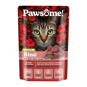 Pawsöme! Katzenfutterbeutel mit dem Gesicht einer Katze, umgeben von roten Blumen, beschriftet mit 'Rind' (Beef) und Details zu Zutaten und Vorteilen.