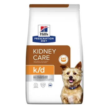 Hill's Prescription Diet Kidney Care k/d Hundefutterbeutel, mit den Aufschriften "Vom Tierarzt empfohlen" und "Verbesserte Appetit-Auslöser".
