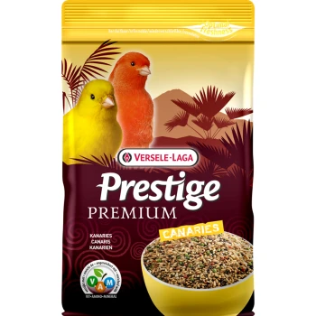 A bag of Versele-Laga Prestige Premium canary food featuring a yellow canary and a red canary on the front, with a bowl of seeds.