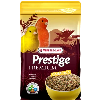 A bag of Versele-Laga Prestige Premium canary food featuring a yellow canary and a red canary on the front, with a bowl of seeds.