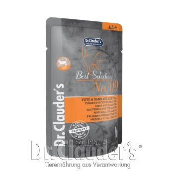 Dr. Clauder's Best Selection No. 09 Haustierfutterbeutel mit Truthahn und Gans mit Aloe Vera, beschriftet für erwachsene Katzen, hergestellt in Deutschland.