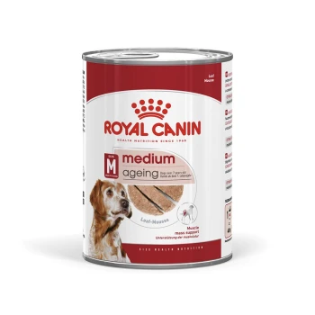 Royal Canin Medium Ageing Hundefutterdose, mit einem Golden Retriever auf dem Etikett, beschriftet mit "Laib-Mousse" für Hunde über 7 Jahre.