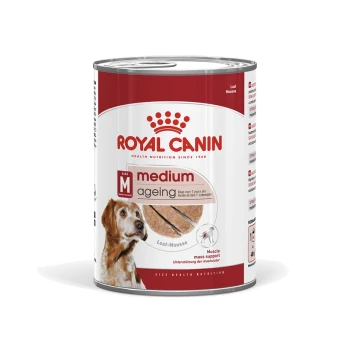 Royal Canin Medium Ageing Hundefutterdose, mit einem Golden Retriever auf dem Etikett, beschriftet mit "Laib-Mousse" für Hunde über 7 Jahre.