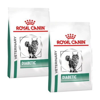 Zwei Tüten Royal Canin Veterinary Diet Diabetiker-Katzenfutter, mit einer Katzenillustration und dem Text "VETERINARY DIABETIC."