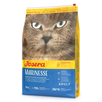 Josera Marinese Katzenfutterbeutel mit einer Nahaufnahme des Gesichts einer Katze, beschriftet mit "Getreidefrei" und "Hypoallergen", mit Nährwertangaben.