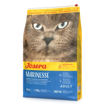 Josera Marinese Katzenfutterbeutel mit einer Nahaufnahme des Gesichts einer Katze, beschriftet mit "Getreidefrei" und "Hypoallergen", mit Nährwertangaben.