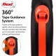 Flexi dog leash featuring a 360° tape guidance system, with a bright orange tape and a black handle, emphasizing smooth extension without jamming.
