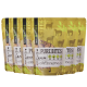 Sechs Beutel FAVLY Pure Bites Haustierfutter, beschriftet mit "Lamm", mit einem gelben Design und Bildern von Schafen sowie Symbolen für Zutaten und Nährstoffe.