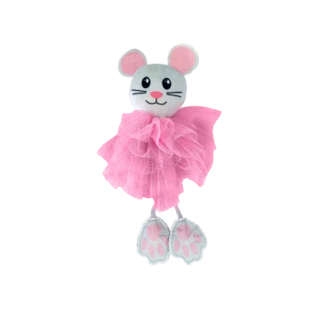 Plüschgraue Maus mit rosa Ohren, gesticktem Gesicht, gerafftem rosa Tüllrock und baumelnden pfotenförmigen Füßchen.