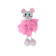 Plüschgraue Maus mit rosa Ohren, gesticktem Gesicht, gerafftem rosa Tüllrock und baumelnden pfotenförmigen Füßchen.
